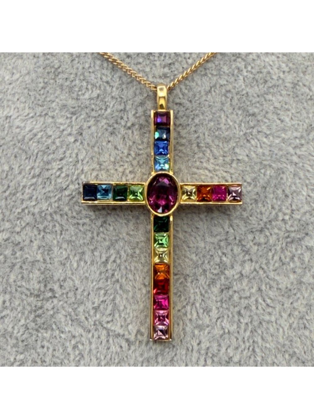 Vintage P S Co 1998 Gold Tone Multicolor Crystal Cross Pendant Necklace Rainbow - Picture 2 of 15